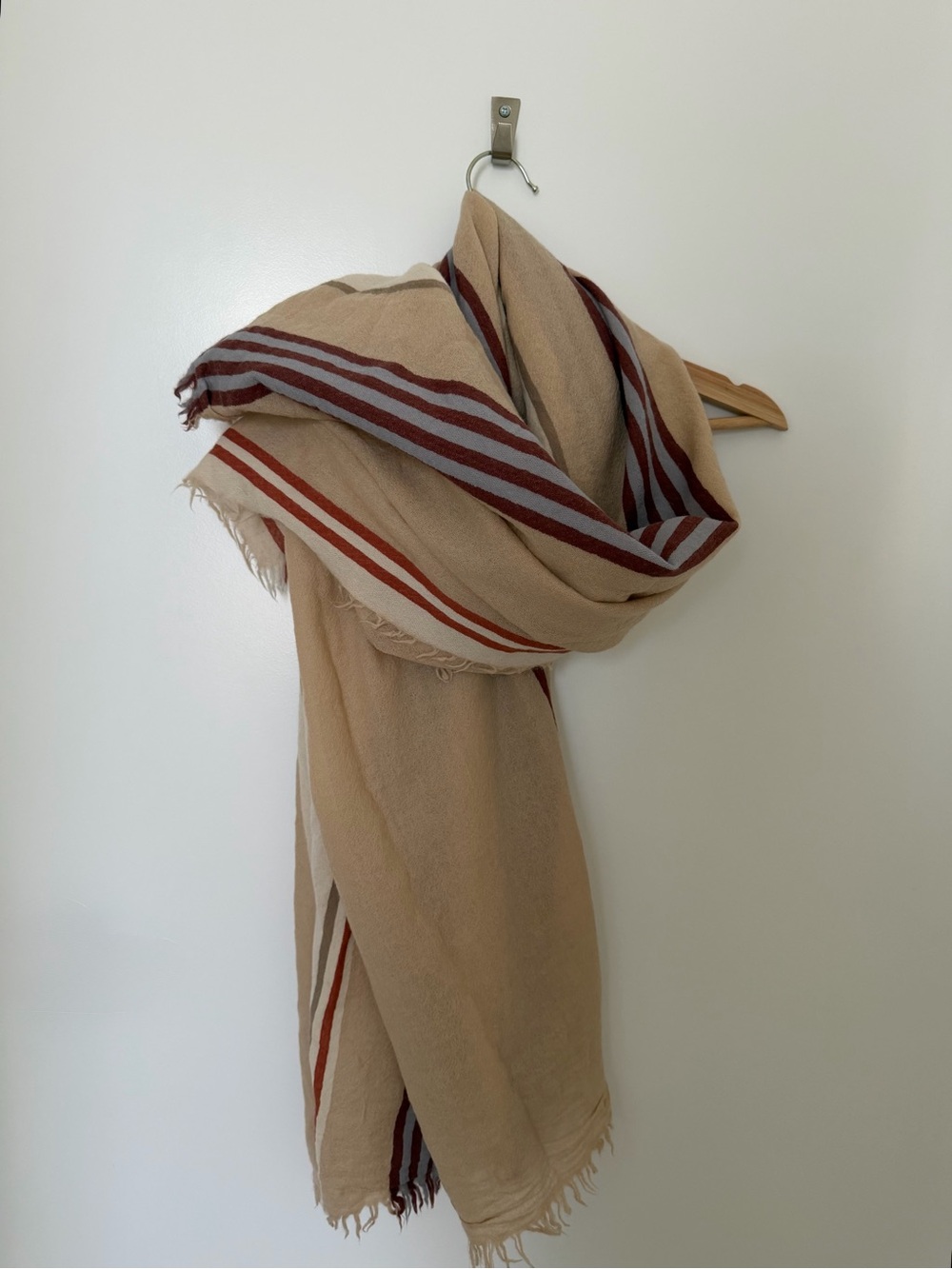 Wilfred Beige Scarf/Blanket with Rust Stripes and Fringe
